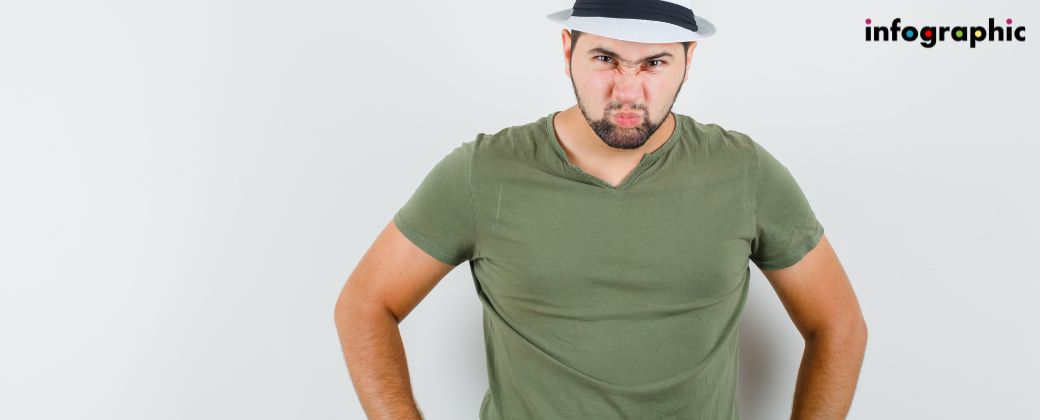 מתיחת בטן לגברים – כן, זה קיים - בצד ימין למעלה לוגו אתר INFOGRAPHIC וניתן לראות איש שמנמן עם כובע קש וחולצה ירוקה. 
